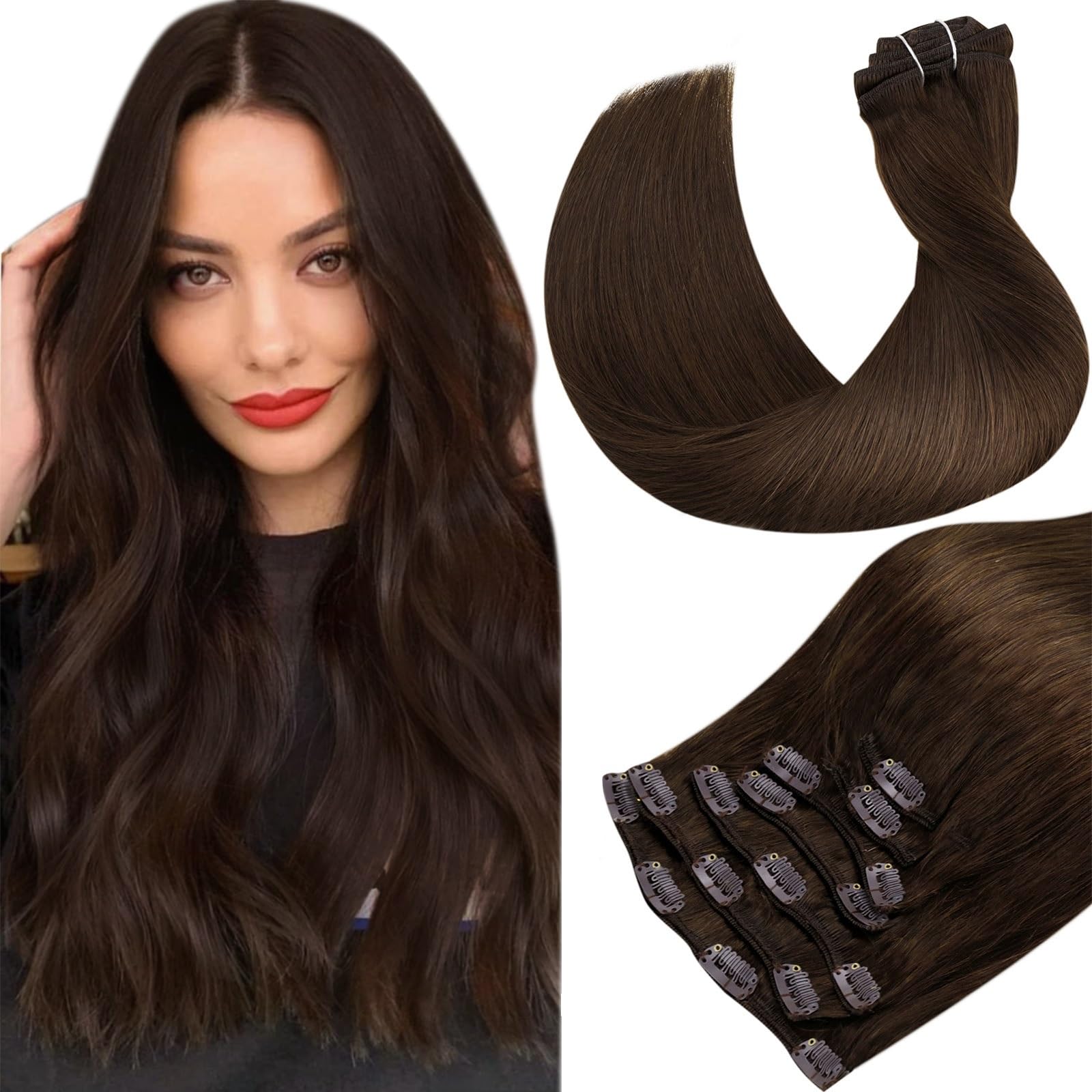 Hetto Human Hair Extensions Clip ins Medium Brown Hair Extensions Clip in Human Hair Double Weft 16 Inch 7pcs 120g
