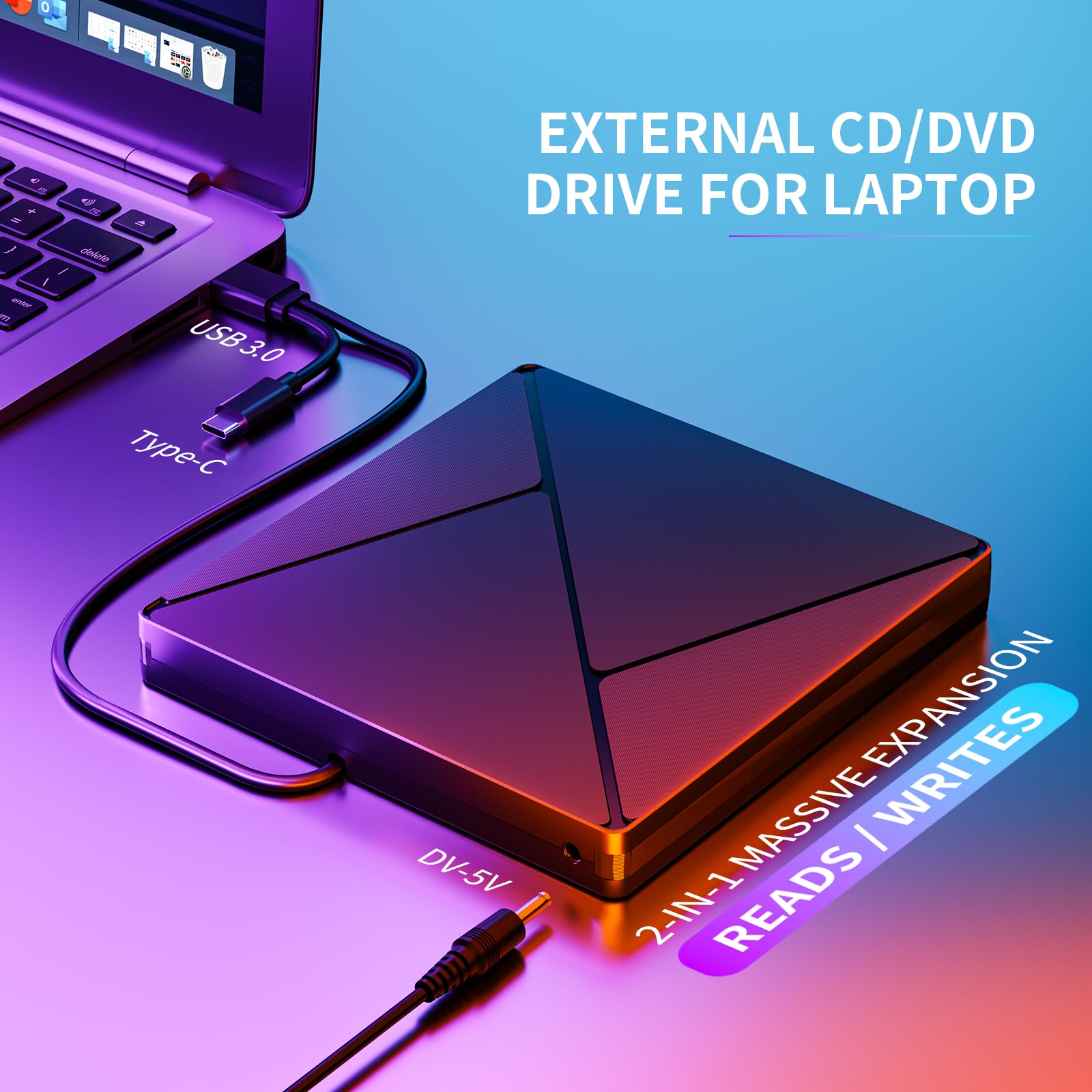 BHHB Lettore DVD CD Esterno per PC Portatile Masterizzatore CD/DVD +/-RW Drive CD ROM Unità DVD Esterne per Windows 11/10/8.1/7/XP/Vista/Linux/MacOS/Linux/Laptop/Desktop