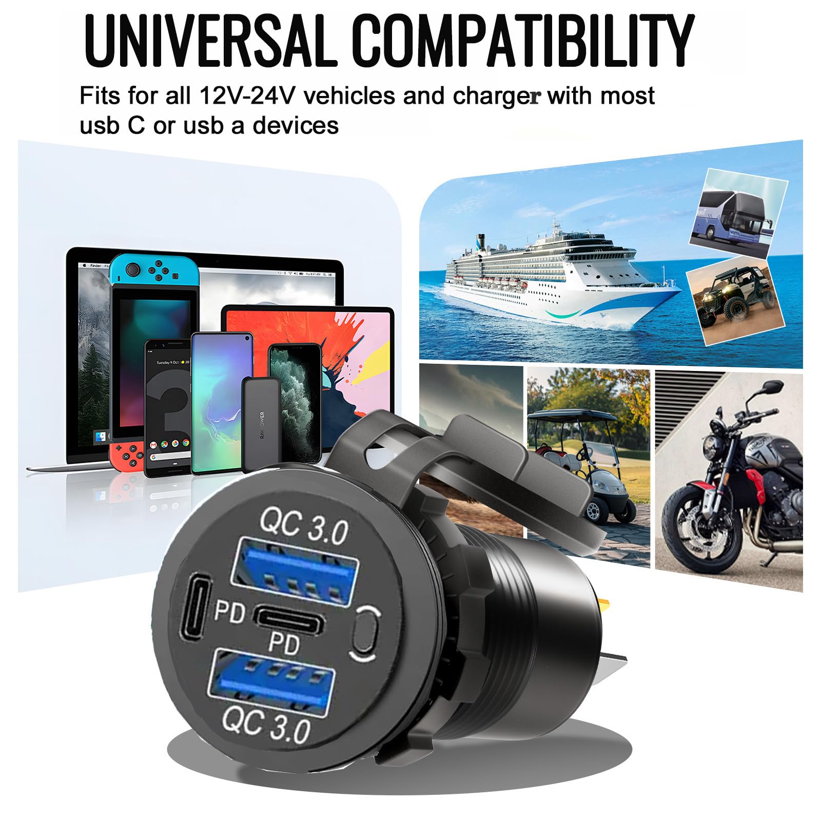 12 V USB-Ladegerät mit 4 Anschlüssen, schnelles Aufladen, 3.0 Anschlüsse, 12 V, mit Schalter für Marine, Boot, Motorrad, Wohnmobil, Golfwagen (eine Packung)