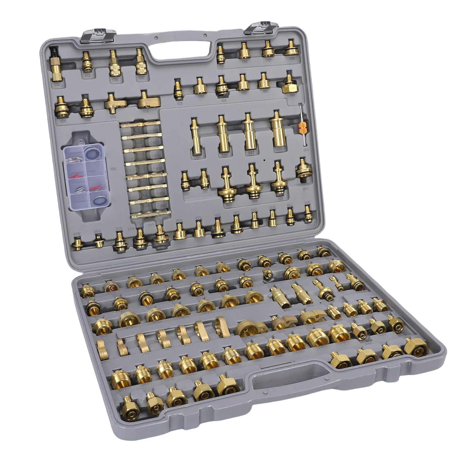 Ausla Kit de Detección de CA Automotriz Kit de Prueba de Aire Acondicionado Automático de Latón 122 Piezas con Núcleos de Válvulas y Juntas para Reparación y Mantenimiento del de CA del Automóvil