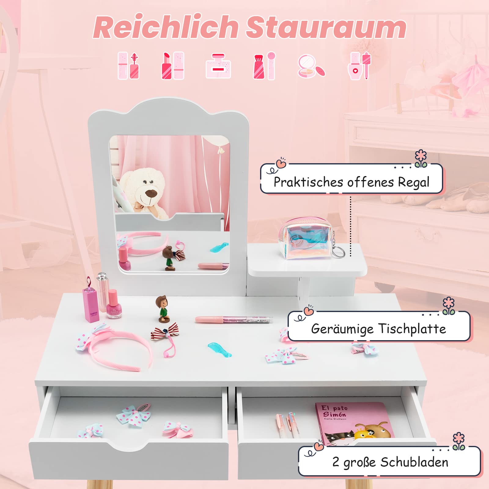 COSTWAY Set da toeletta per bambini, 2 in 1, tavolo da toeletta e sgabello con specchio rimovibile, 2 cassetti, pettine, in legno, per ragazze dai 3 ai 7 anni