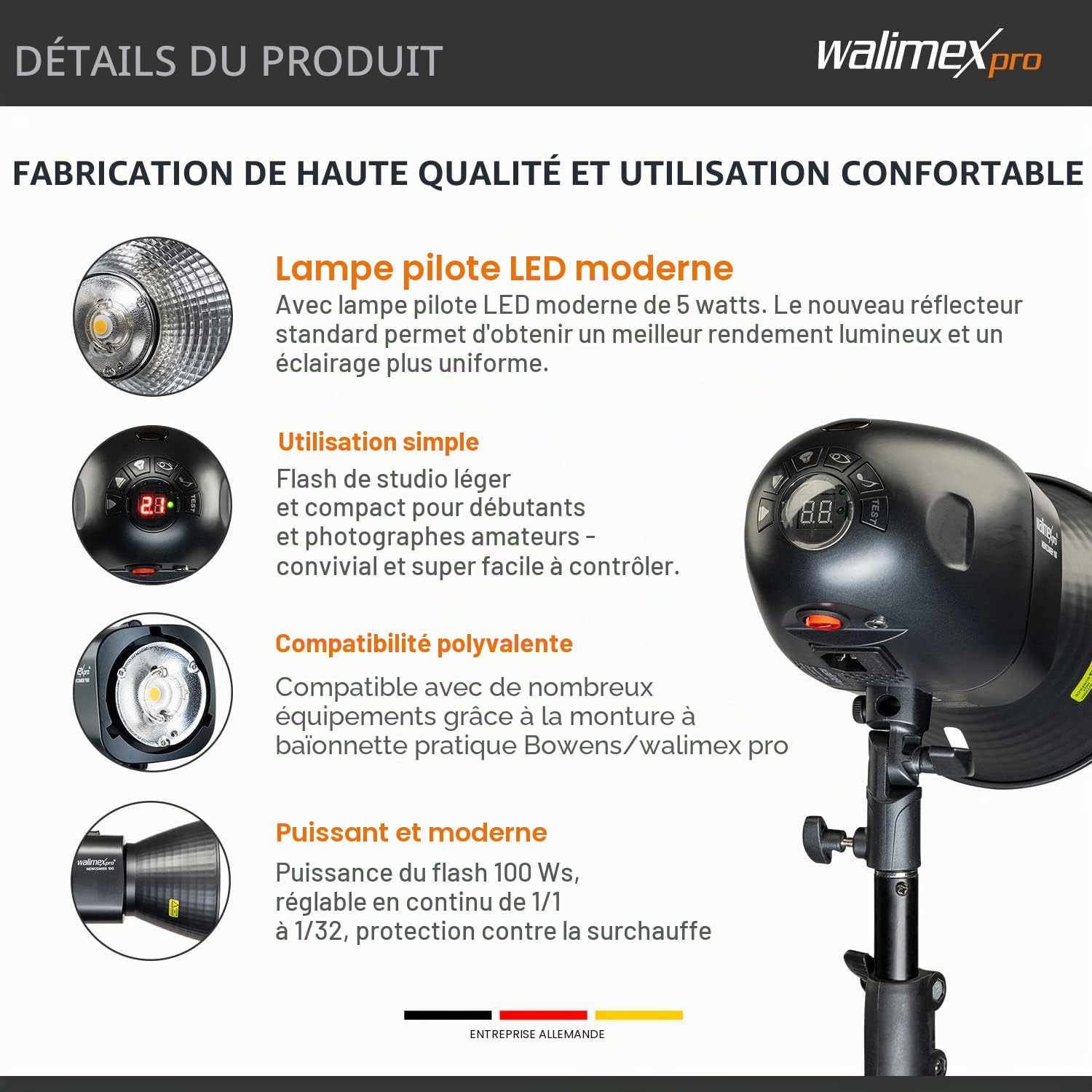 Walimex Pro Flash de Studio Newcomer 100 II - Puissance de Flash 100 WS, déclenchement sans Fil 2,4 GHz, lumière de modélisation LED, durée de Flash 1/800-1/1200s, Connexion Bowens/walimex Pro