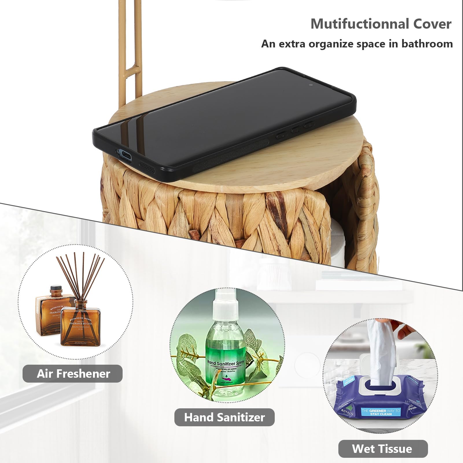 Freistehender Toilettenpapierhalter Aufbewahrung mit Regal, Badezimmer Toilettenpapierhalter Stehend, Boho Rattan Klopapier Aufbewahrung, Wasserhyazinthe Toilettenpapierständer für 4 Rollen Klopapier