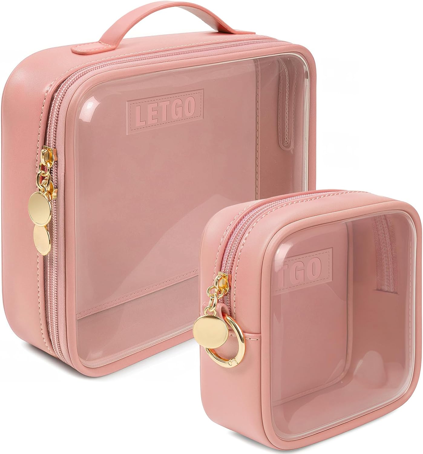 TSA Approved Toiletry Bag with Handle Large Opening, Clear Toiletry Bags for Traveling Travel Essentials Travel Size Toiletries (Large+Mini Pink)
