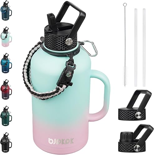 Miniatura 40 de BJPKPK Botella de agua de 1 galón aislada con tapa con pajita, 50oz, 64oz, 87oz, 128oz grande, botellas de agua de acero inoxidable con 3 tapas y