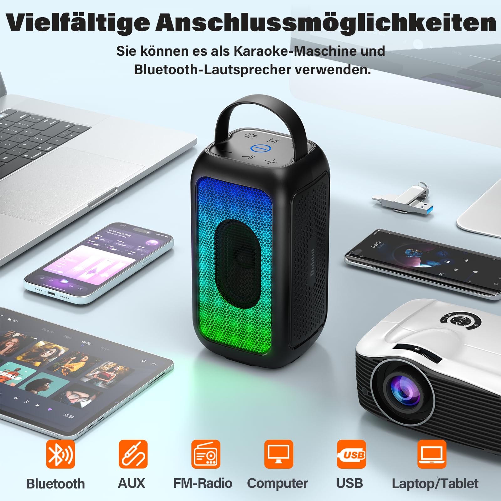 Bobtot Tragbarer Bluetooth Lautsprecher Mit 1 Kabellos Mikrofon, Schwarz | 16 Stunden Wiedergabezeit, Kleiner Karaoke Maschine, Gesangsmaschine