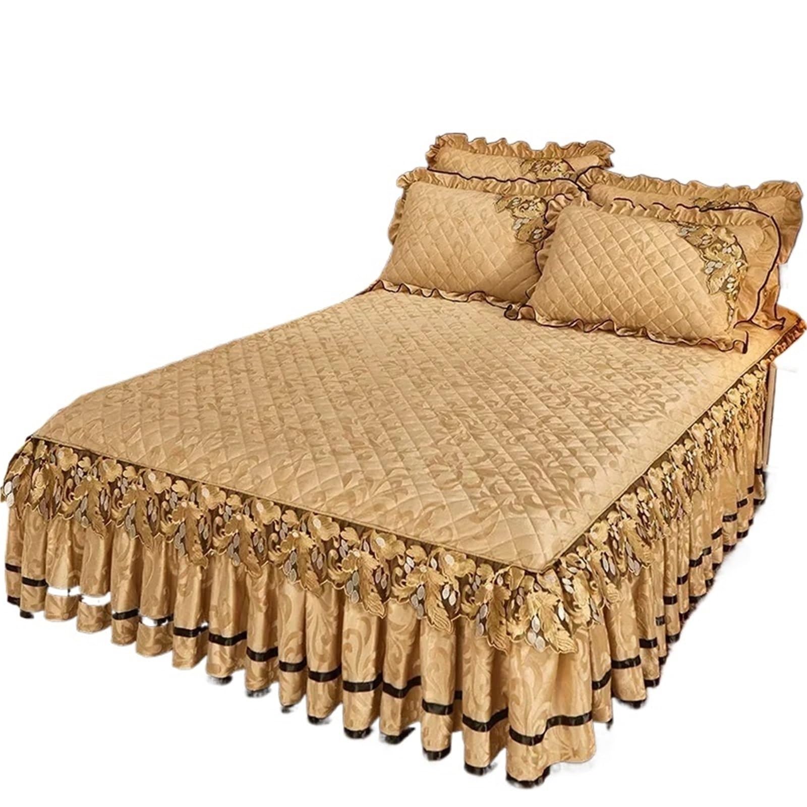 Plush Winter Warm Bedspread On The Bed Thickened Skirt-style Embroidery Quilt Bedding Cover Pillowcases(Golden,Bed Sheet 150x200cm)