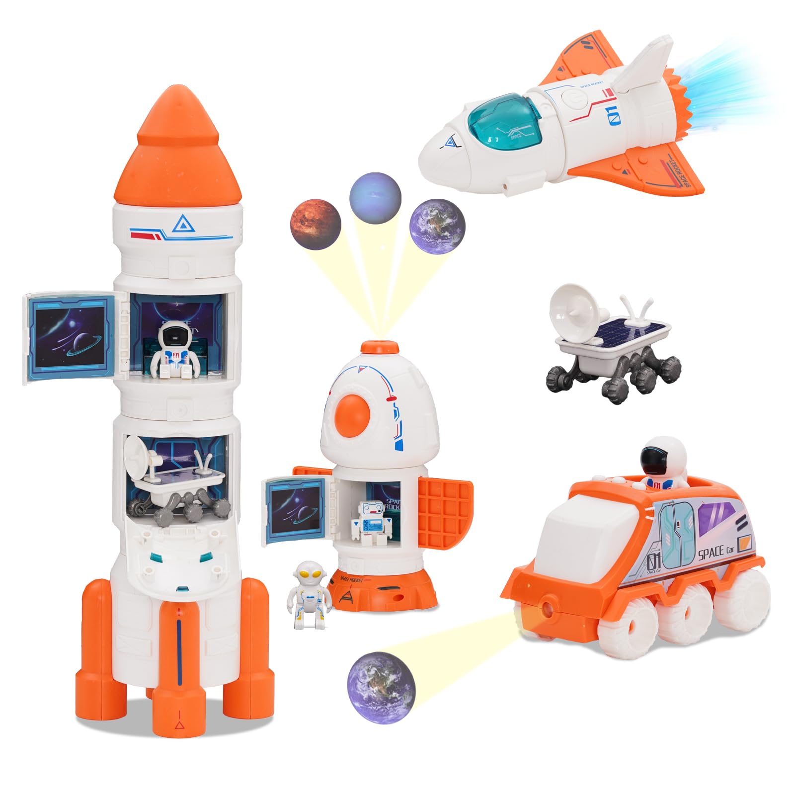Cohete Juguete, Modelo Avión Espacial con Astronauta, Nave Espacial para Niños y Niñas, Kit Exploración con Sonido y Luz, Regalo Días Festivos(Orange)