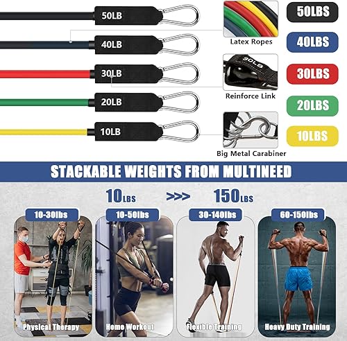 Miniatura 2 de Juego de 23 bandas de resistencia para entrenamiento, 5 bandas de ejercicio apilables con asas, 5 bandas de bucle de resistencia, cuerda para