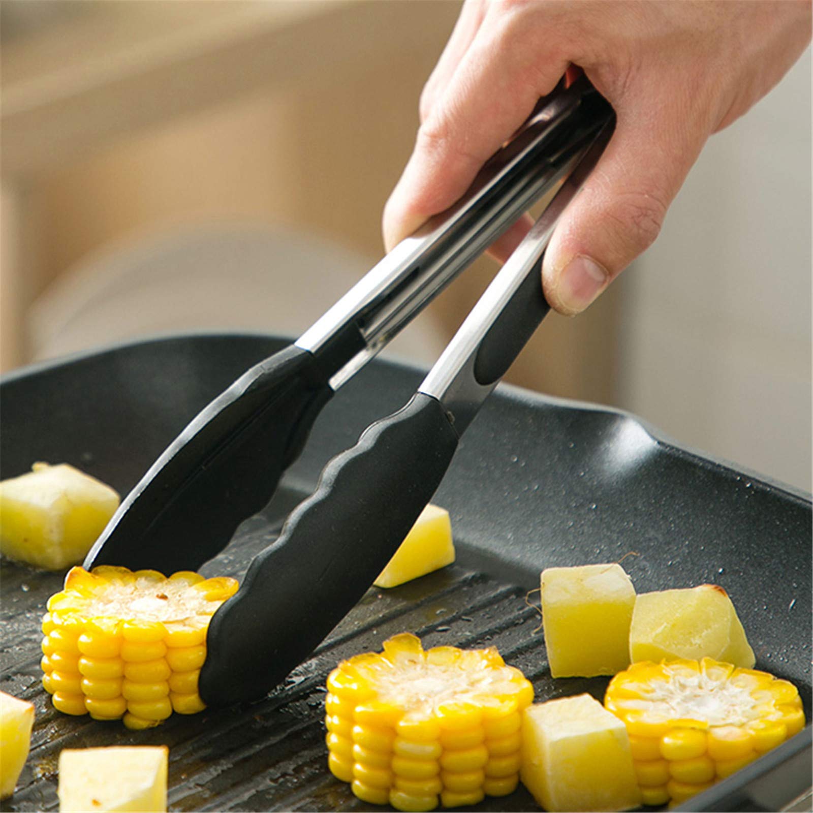 Pinzas de silicona de 7, 9 y 12 pulgadas, resistentes al calor, antiadherentes, para cocinar, servir, parrilla, barbacoa, ensalada, cocina, barbacoa, herramienta de acero inoxidable con punta de