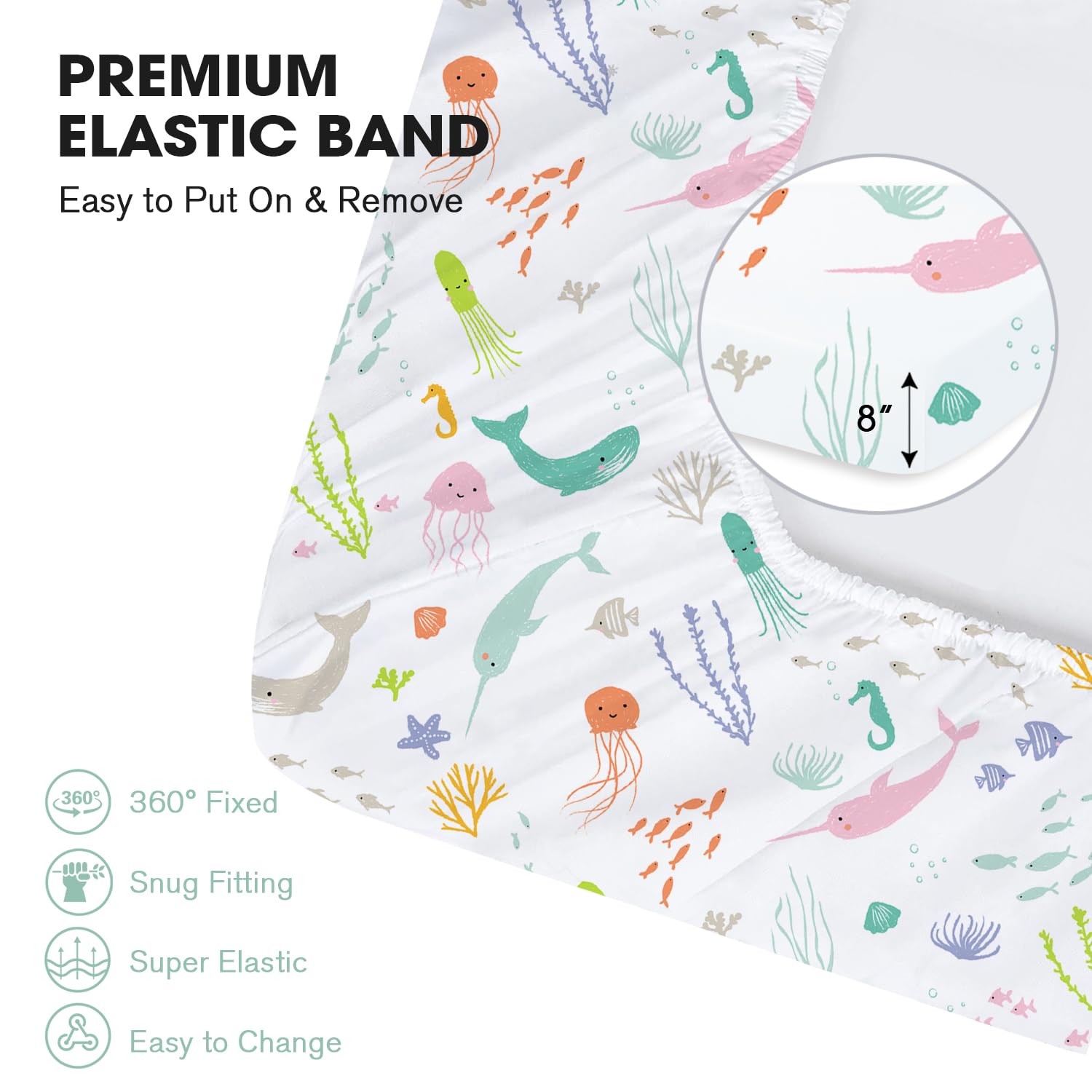 Little Grape Land Crib Sheets 2 Pack, Microfiber Fitted Crib Sheet for Standard Crib Mattress 52"x28"x8", Soft and Neutral Baby Crib Sheets for Boys and Girls, Breathable & Easy Care, Pastel Ocean - Image 5