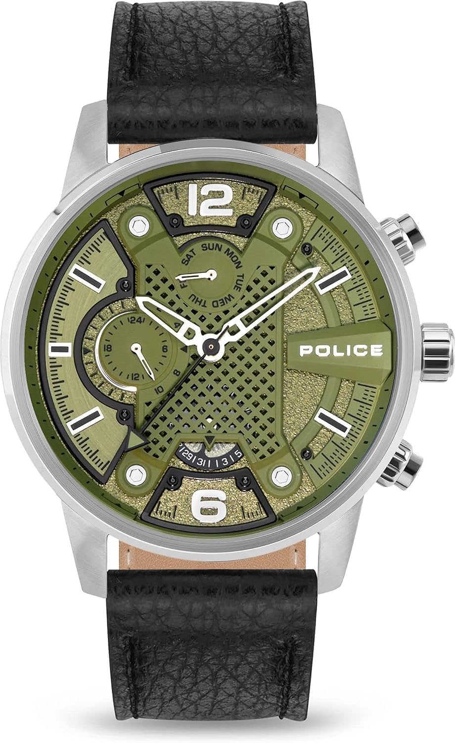 Police Lanshu Hybrid Quartz Automatic Movement Olive and Black Dial with Leather Strap Watch for Men - PEWJF2203305, Black