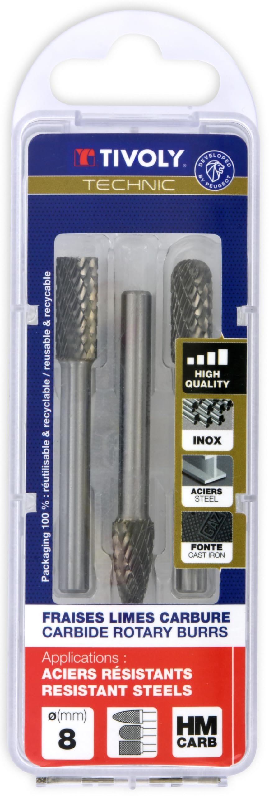 TIVOLY - Coffret 3 Fraises Limes Carbure Ø8mm - Fraisage des Métaux les plus Résistants - Queue Cylindrique Ø6mm pour Meuleuse Droite