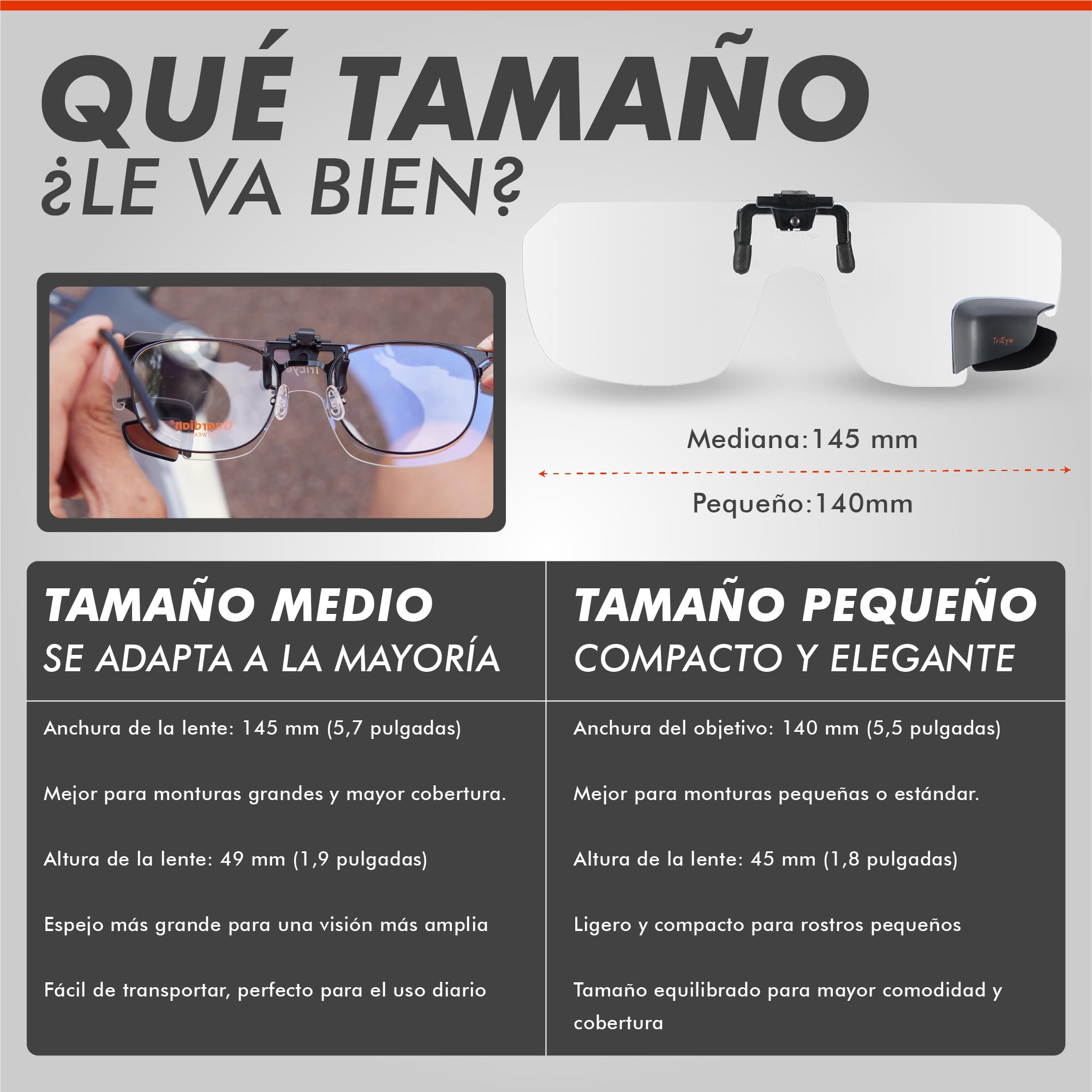 TriEye View Clip-On Gafas de Sol con Espejo Izquierdo – Gafas Polarizadas para Usuarios de Gafas – Clip Solar 140/145 mm – Cristales Claros o Ahumados