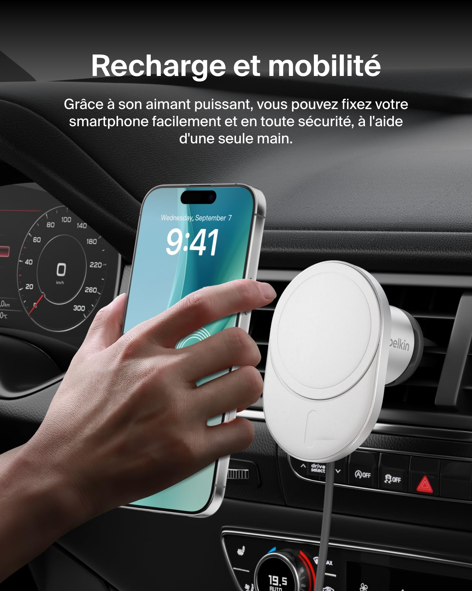 Belkin BoostCharge Pro Chargeur de Voiture Magnétique sans Fil avec Qi2 (15W), Chargeur Compatible MagSafe pour Tous Les modèles de l'iPhone 17, iPhone Air, Câble USB-C et Adaptateur 20W Inclus
