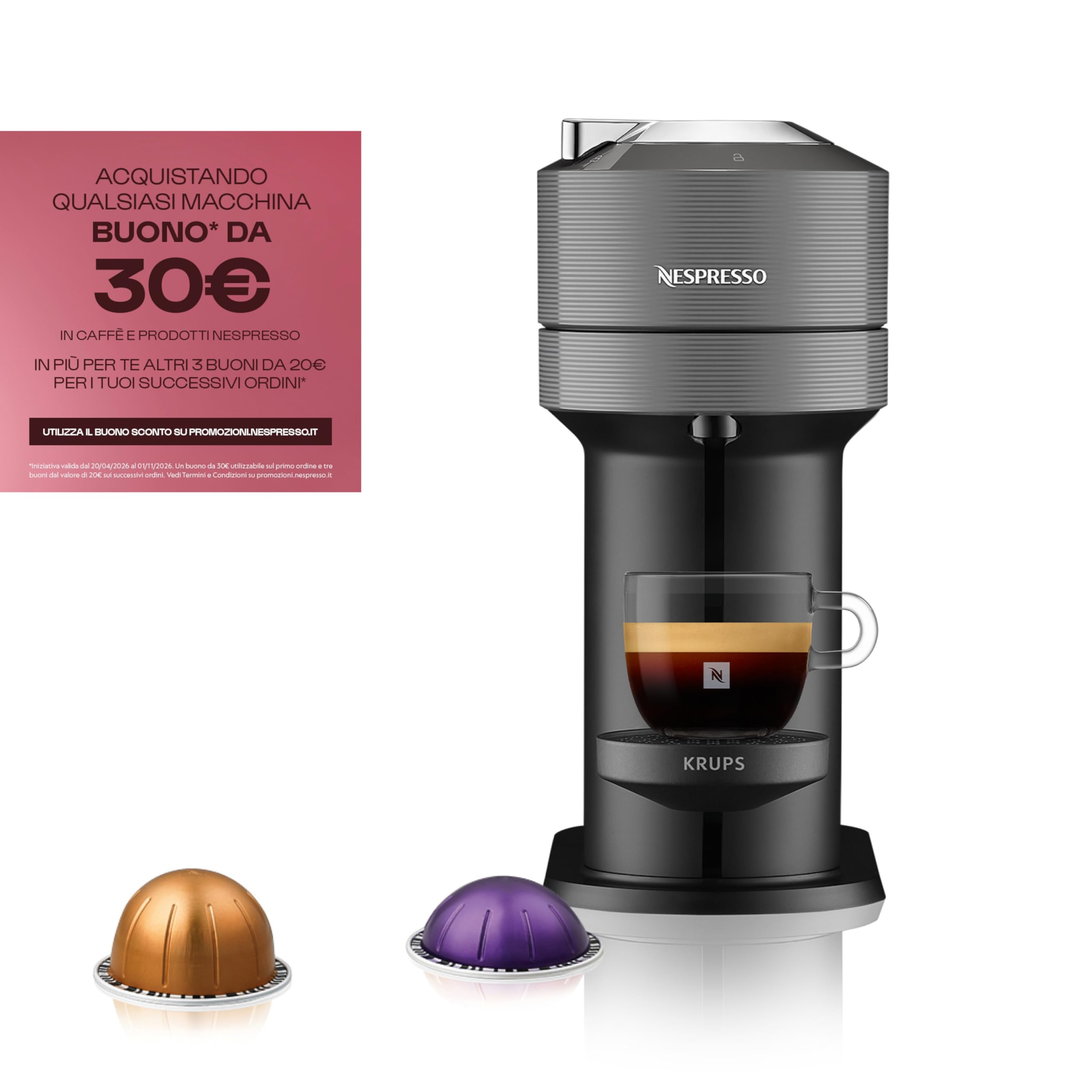 Nespresso Vertuo Next ENV120.GY Macchina del Caffè compatibile con le NUOVE CAPSULE NESPRESSO con Tecnologia Centrifusion, Serbatoio acqua 1L, Grigio
