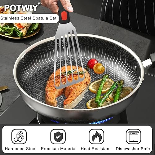 Miniatura 2 de POTWIY Espátula de acero inoxidable, paquete de 4 espátulas pequeñas de metal para uso en cocina, juego de espátulas de hamburguesas resistentes
