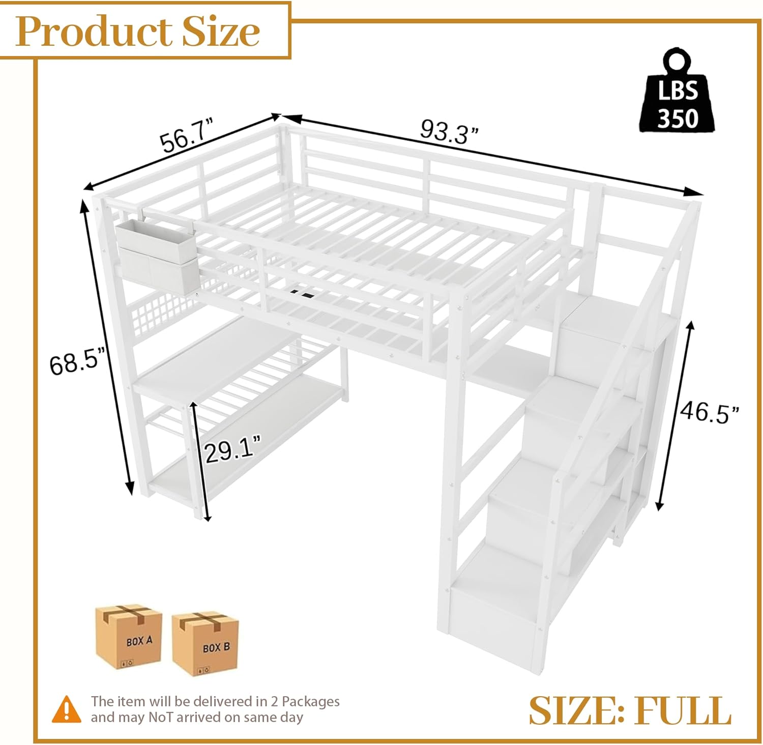 Full Size Loft Bed with Stairs & Desk, White Loft Bed Frame with Storage Staircase, Charging Station & LED Light, Space Saving Loft Beds with Built-in Study Workstation for Kids Teens Adults
