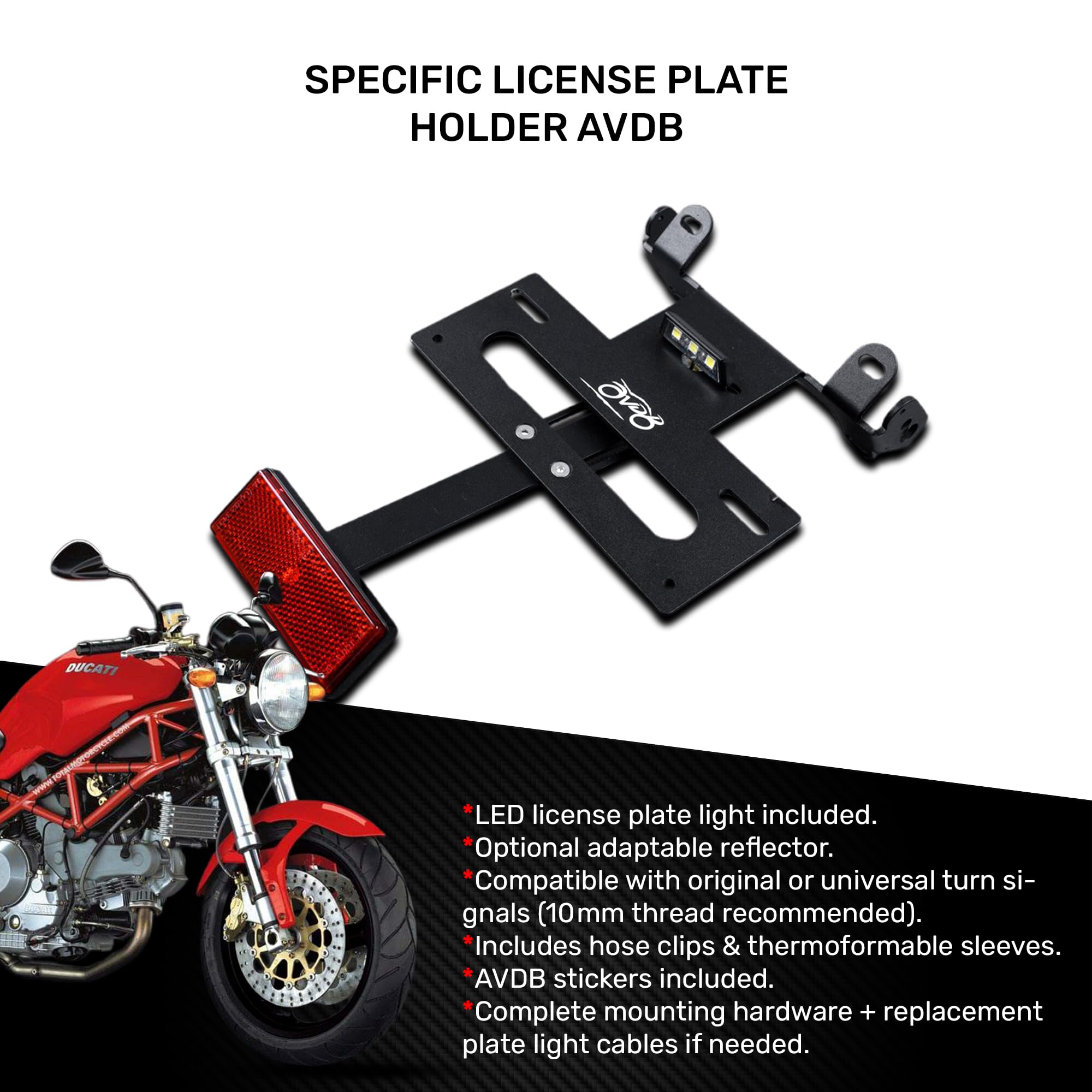 avdb-Moto Porta-Matrícula AVDB Compatible con Ducati Monster 1000 2002-2008, 1000 Dark/S 2002-2006, 400 1997-2005, 400 Dark 2002-2005, 600 Dark 1993-2005, 2002-2006 con Catadióptrico