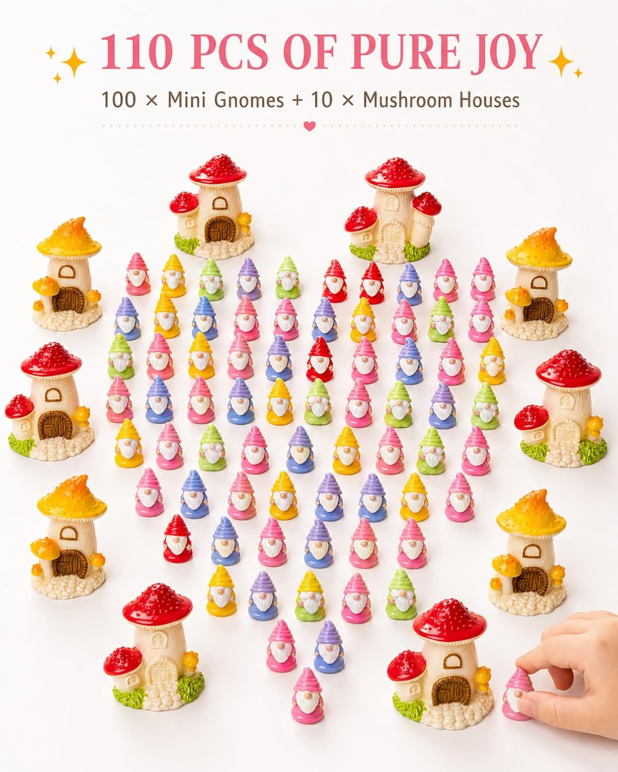 Mini Resin Gnomes 110 Pack, 100 Tiny Gnomes with 10 Mini Mushroom Houses