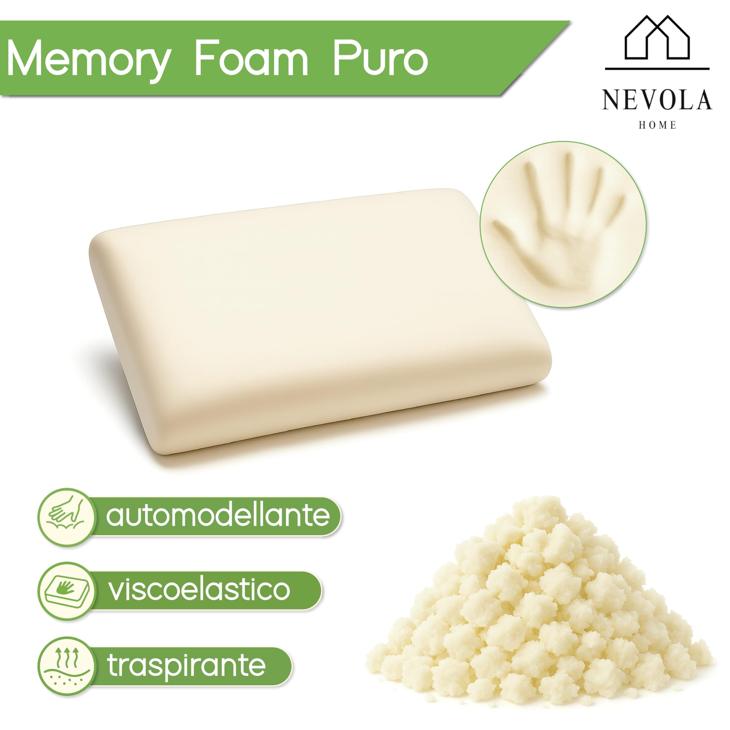 NEVOLA Cuscino Memory Foam Cervicale a Saponetta alto 11 cm - Cuscino per Dormire con Federa Lenitiva in Aloe Vera Rimovibile - Guanciale letto Made in Italy Antibatterico Certificato Oeko Tex