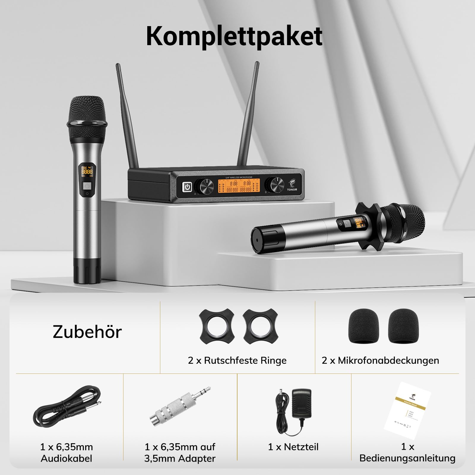 TONOR UHF Funkmikrofon Set, professionelles dynamisches Drahtlos-Doppelmikrofonsystem mit 2 Handmikrofonen, Karaoke-Set für Party, DJ, Kirche & Hochzeit, bis zu 60 m Reichweite, TW820, Silber