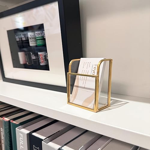 Miniatura 3 de Feyarl Soporte para tarjetas de visita de cristal dorado, pantalla vertical para tarjetas de visita transparente, organizador de tarjetas de nombre