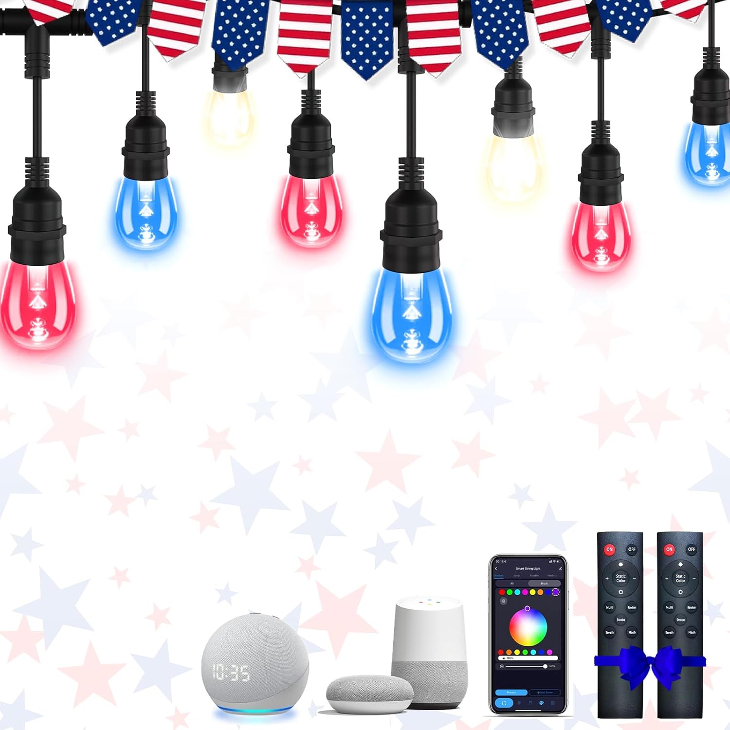 96FT Outdoor String Lights, RGBW Color Changing, Music Sync, APP Alexa & Google Assistant Compatible, Commercial Grade Hanging Bistro Lights for Mother's Day Father's Day 4th of July Easter Decor