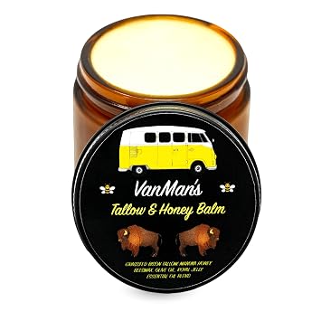 Vanmans Tallow and Honey Balm - Grass-Fed/Finished Bison Tallow and Essential Oils, Raw Manuka Honey, Organic Royal Jelly, Beeswax, Cold Pressed Olive Oil - Tallow Skin Care for Dry Skin - 2.4 oz