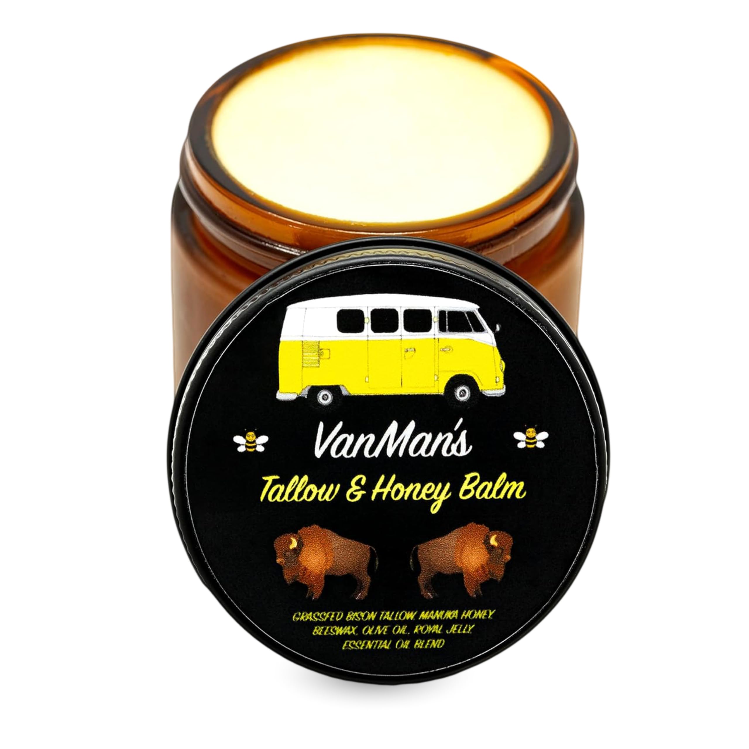 Vanman’s Tallow and Honey Balm - Grass-Fed/Finished Bison Tallow and Essential Oils, Raw Manuka Honey, Organic Royal Jelly, Beeswax, Cold Pressed Olive Oil - Tallow Skin Care for Dry Skin - 2.4 oz