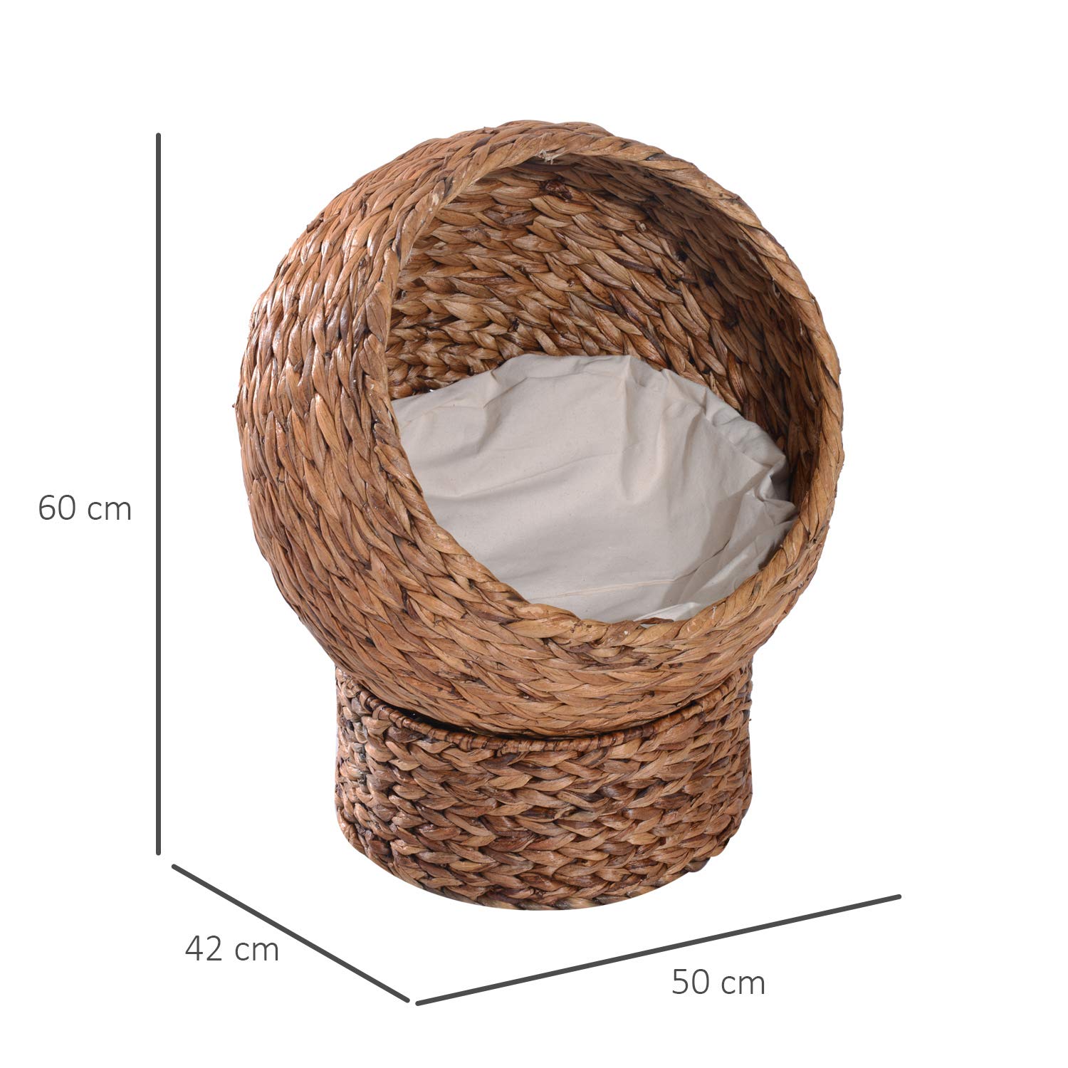 PawHut Rattan Katzenkorb Katzenhöhle Katzenhütte Katzenbett mit Kissen Haustierbett Wasserhyazinthe Braun 50 x 42 x 60 cm