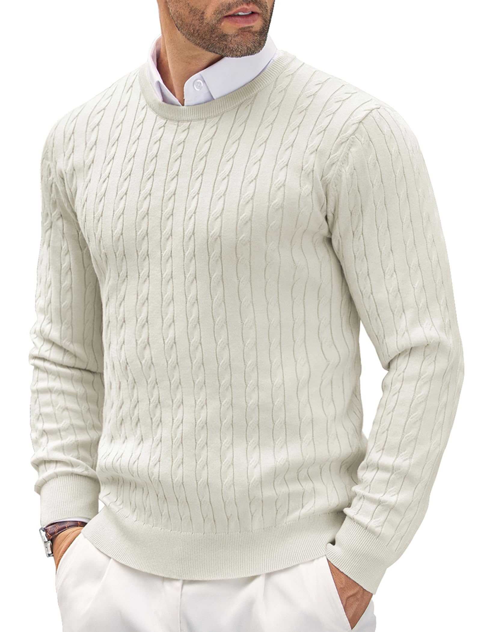 Men's Crewneck Sweater Lightweight Casual Cable Knit Pullover