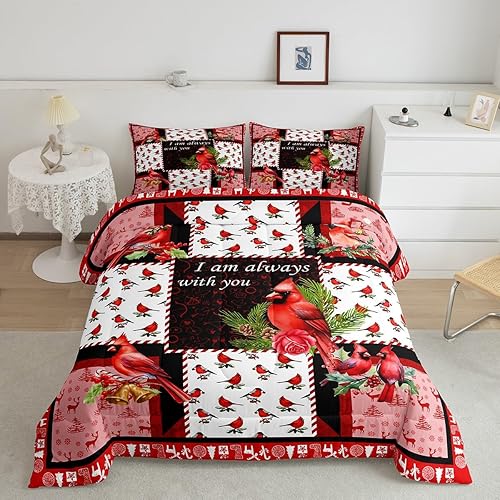 Erosebridal Juego de ropa de cama de Navidad, tamaño Queen, diseño de cardenales de Navidad, lindo edredón de pájaros para niños, niñas,