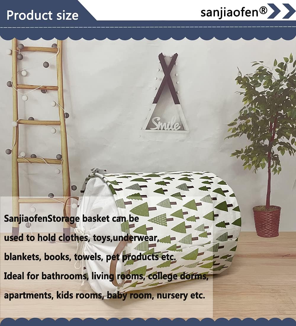 Nursery Laundry Basket Canvas Fabric Baby Boy Storage Bins,Collapsible Woodland Hamper,Waterproof Storage Baskets with Leather Handle,Forest Nursery Decor,Toy Organizer (Tree)
