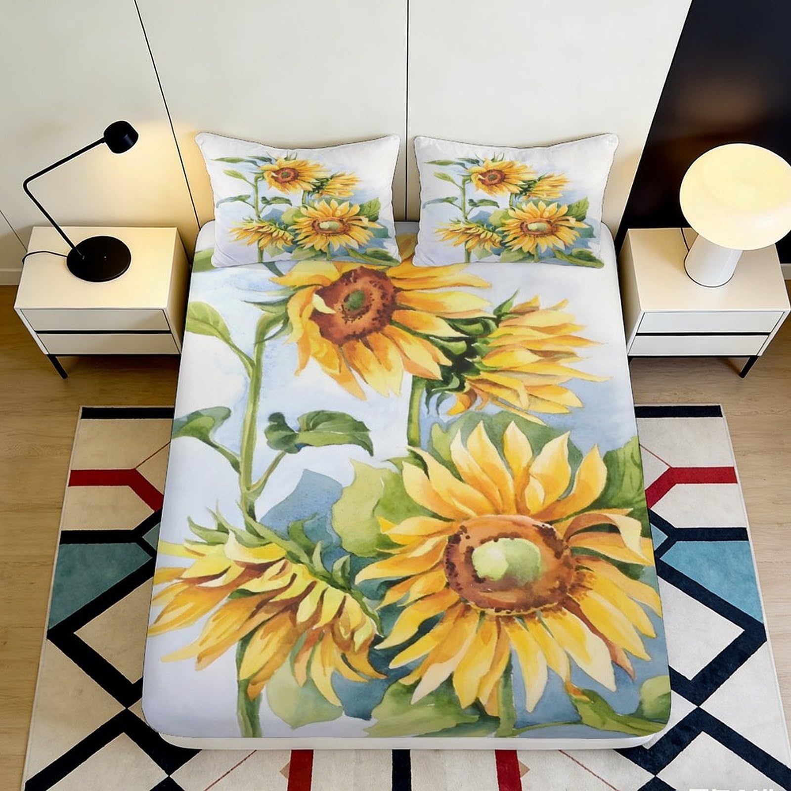 3D Printed Sunflower Fitted Sheet Microfiber Soft Breathable Floral Bed Cover for Bedroom Dormitory Guest Room Mattress Protection Decor 160x200x25cm