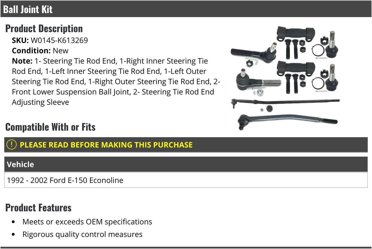 Ball Joint and Tie Rod Kit - 8 Piece - Compatible with 1992-2002 Ford E-150 Econoline
