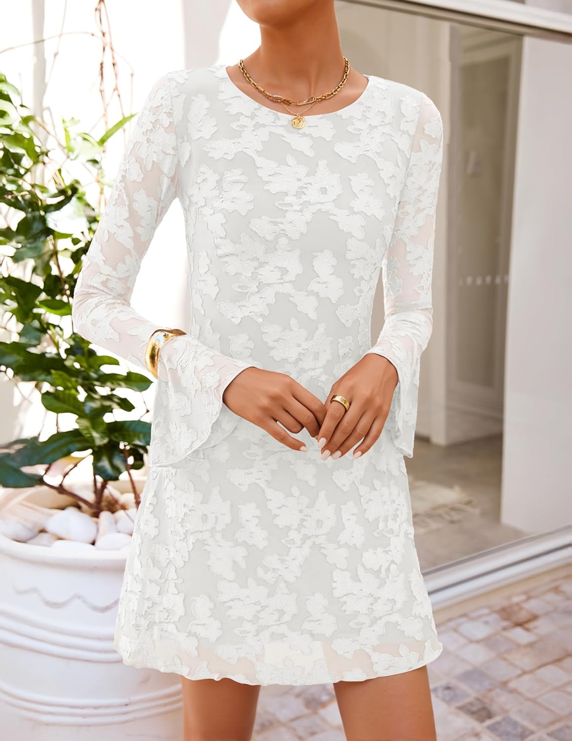 ZESICA Long Sleeve Mini Dresses for Women Spring Mesh Floral Crewneck Bodycon Wedding Guests Cocktail Party Short Dress