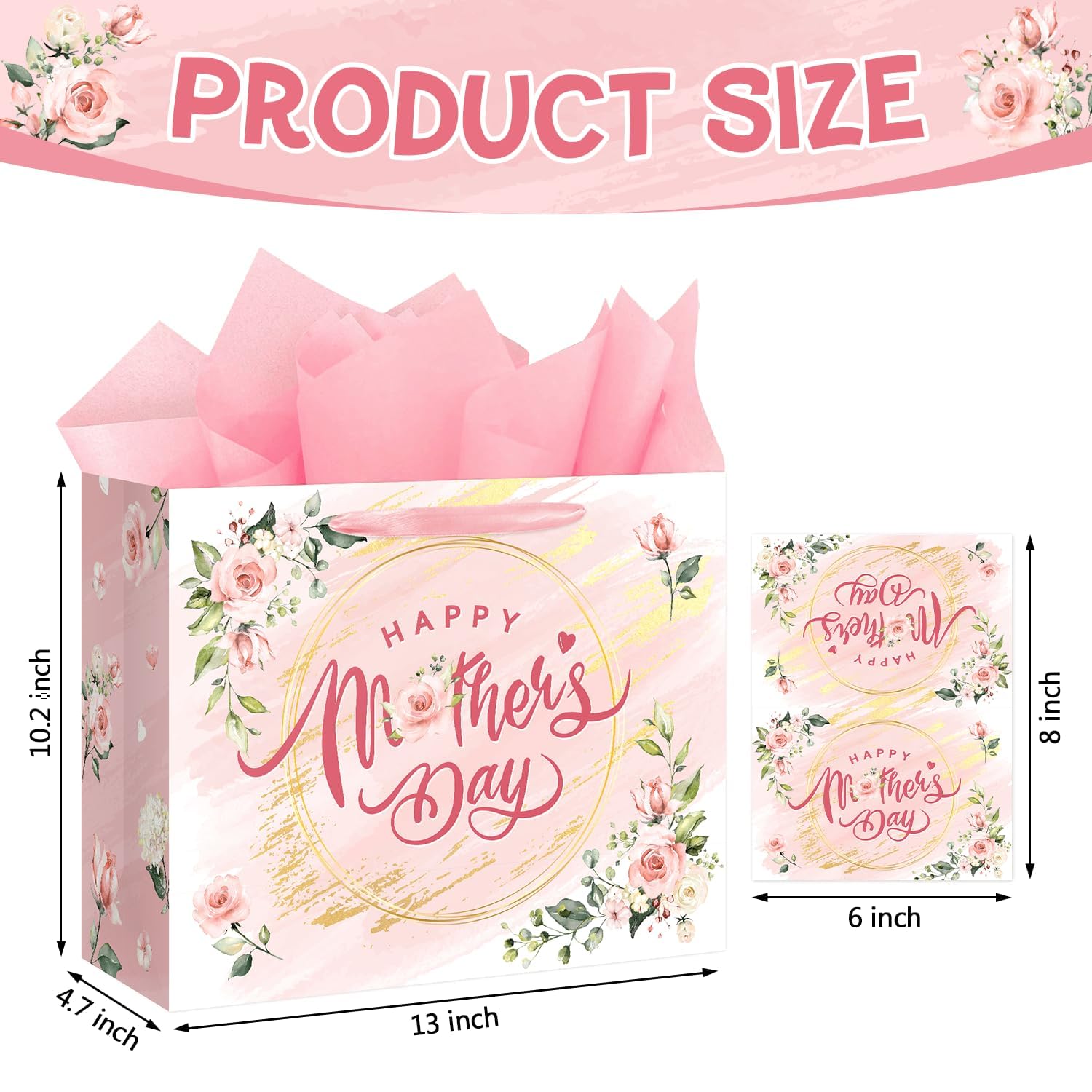 Aysimple Happy Mother's Day Large Gift Bag Set with Greeting Card and Pink Tissue Paper 13" Love Mother Present Bag Pastel Flower Paper Gift Bags with Handles for Happy Mom's Day Party Decorations