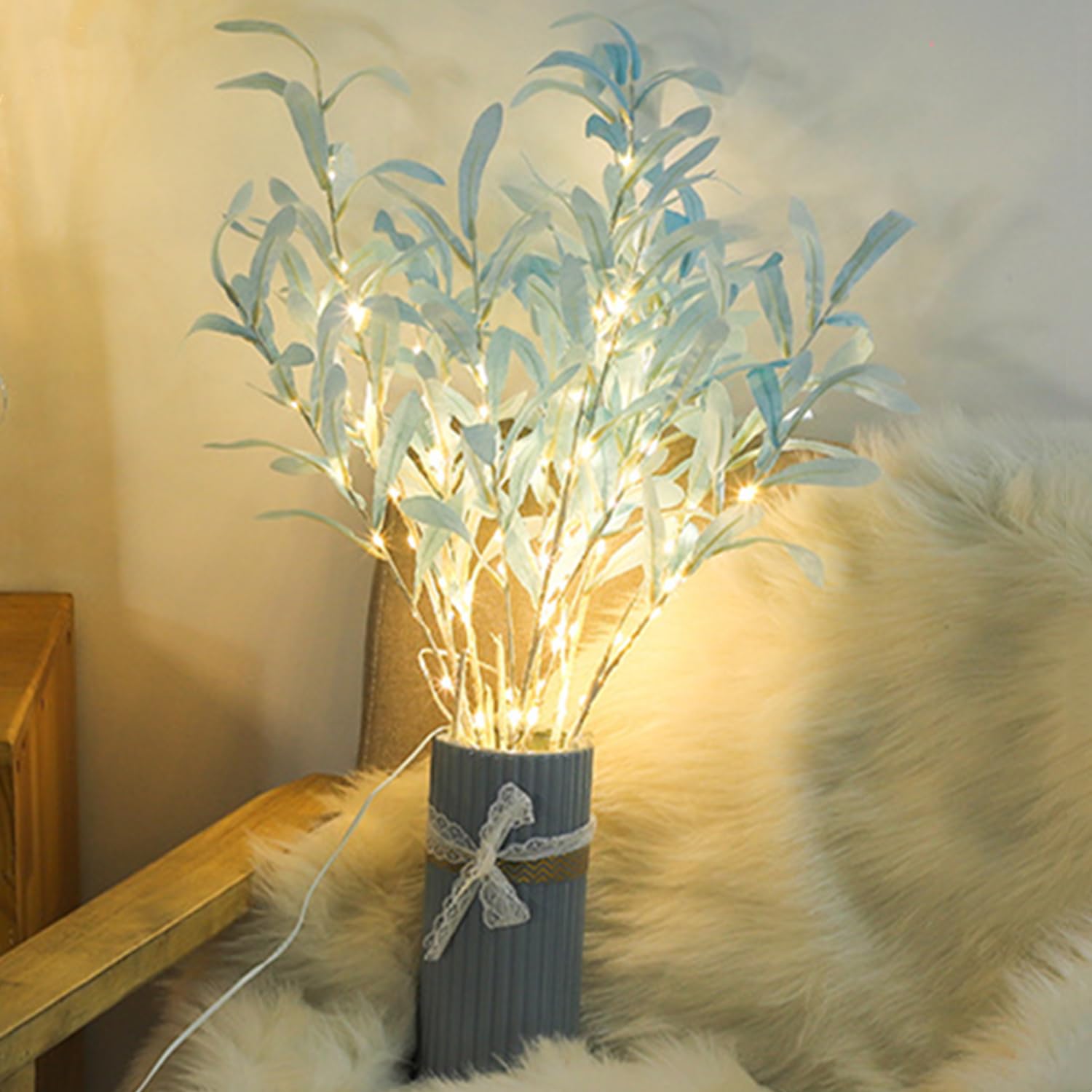 LED Branch Light Battery Powered Artificial Lighted Twig Branches with LED Warm White Lights,6Pcs/Pack Lighted Branches for Vases Holiday Xmas Party Fireplace Home Table Decor(Blue Olive Leaf) — image 1