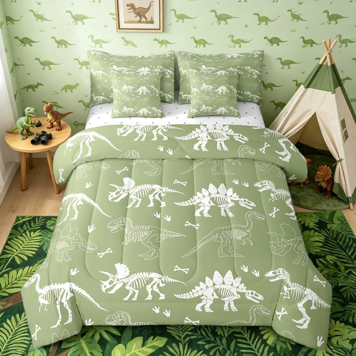 Dinosaur Bones Comforter Set with Sheets Full Size Kids Jungle Dino Fossils 7 Pieces Bedding Set for Boys Girls Teens Wild Animals Bed in a Bag Breathable Green White Bedroom Decor