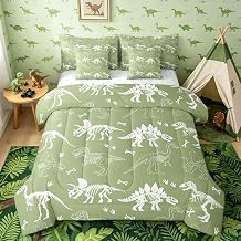 Dinosaur Bones Comforter Set with Sheets King Size Kids Jungle Dino Fossils 7 Pieces Bedding Set for Boys Girls Teens Wild Animals Bed in a Bag Breathable Green White Bedroom Decor