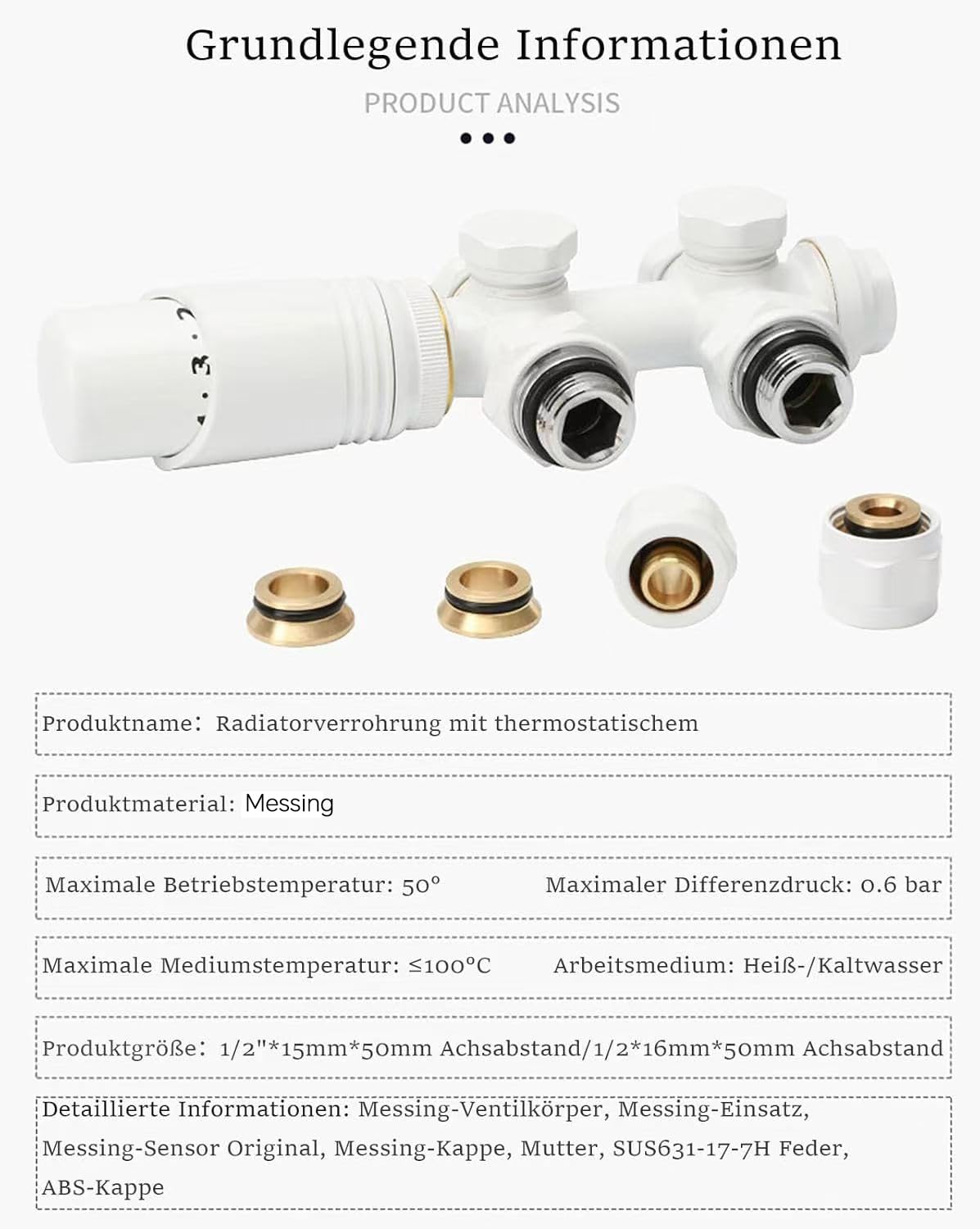 Heizkörperthermostat Heizkörper Durchgangsventil Eckventil 1/2 zoll φ15&16 Hahnblock Heizkörper Thermostat für Badheizkörper Handtuchheizkörper Mittelanschluss Multiblock Set (Weiß)