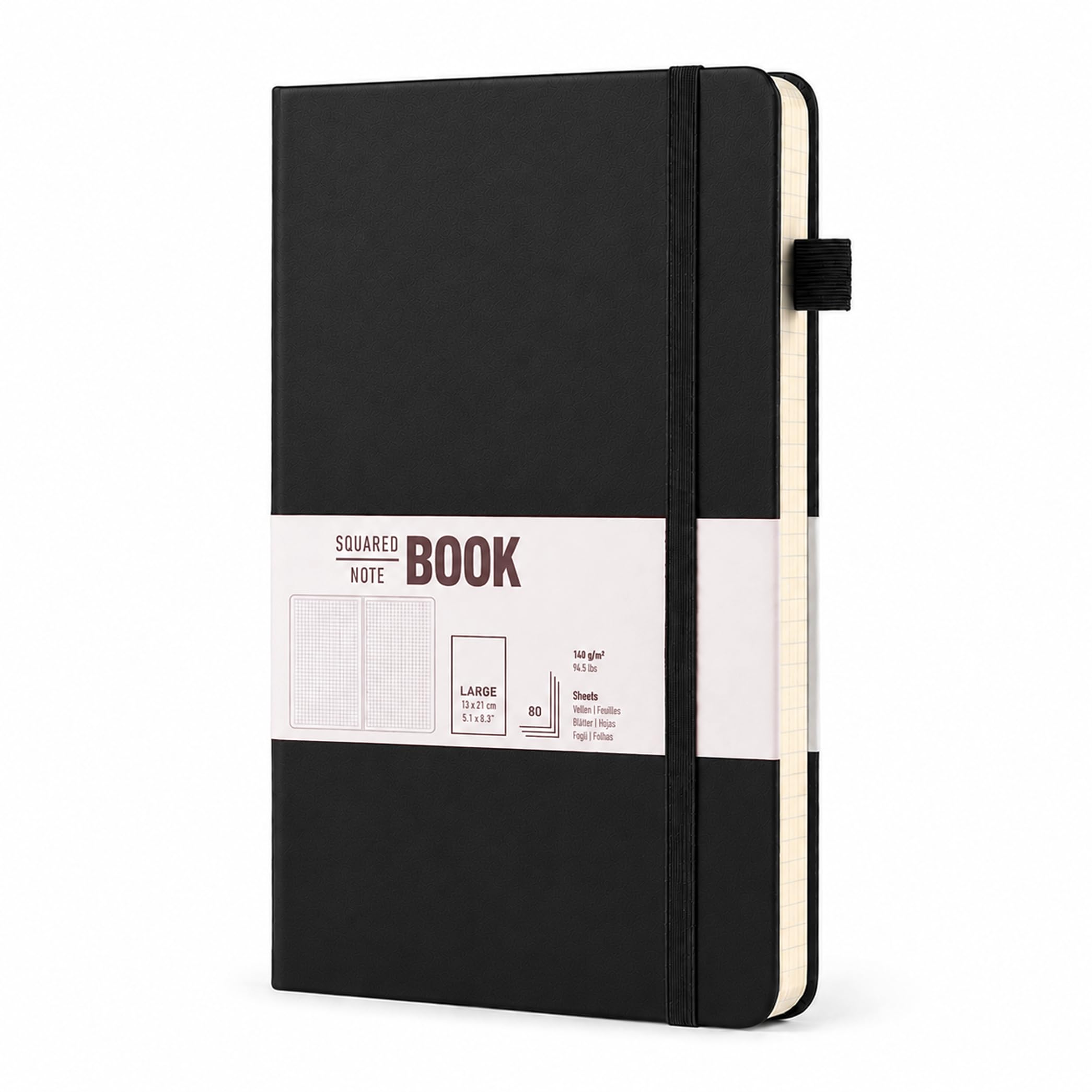 MS MY STATIONERY Squared 5mm Grid Notebook – PU Leather Hard Cover Journal, 160 Pages (80 Sheets), 140gsm Thick Acid-Free FSC Paper (13 x 21 cm) for Writing, Drawing & Journaling (Black)