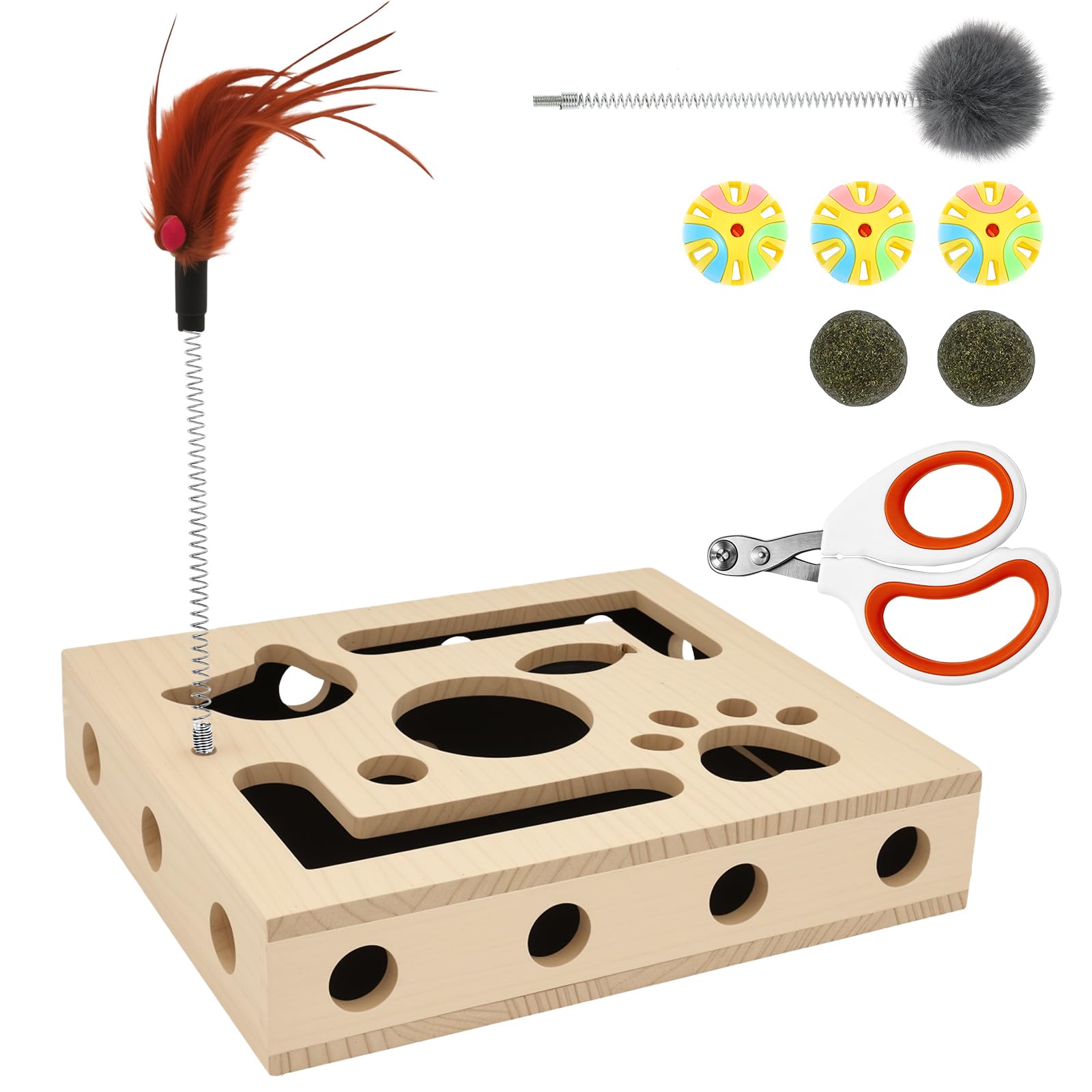 Cat Nail File Scratcher Large Solid Wood Cat Nail File Enrichment Box with 3 Bell Balls and 2 Teasers Inside Interactive Cats Puzzle Toys for Indoor Cats Scratch Puzzle Enrichment Box Toy
