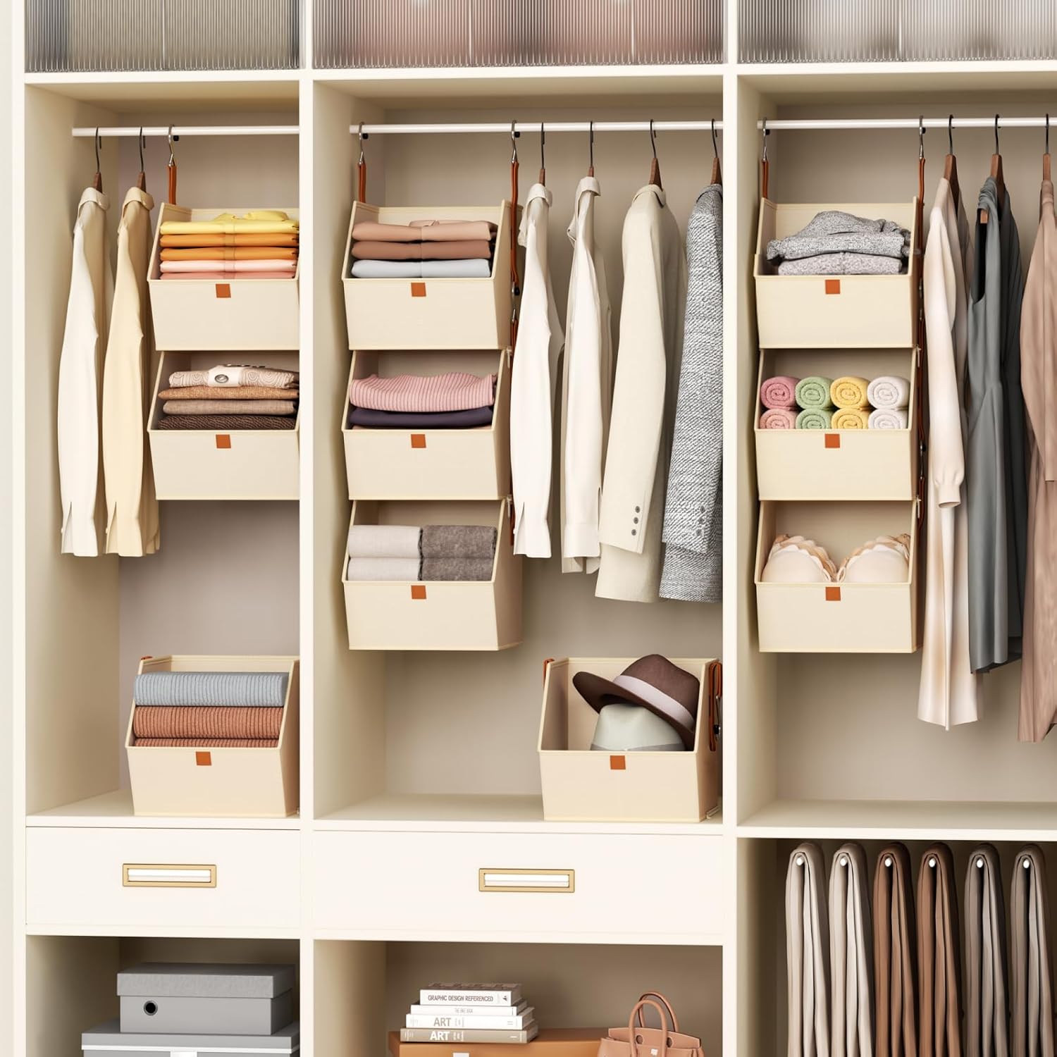 Homsorout Collapsible Hanging Closet Organizer - 3 Tier Closet Shelves Storage System with Hooks, Fabric Hanging Storage Bins for Clothes, Foldable Storage Basket for Laundry, Bedroom, Rv, Beige