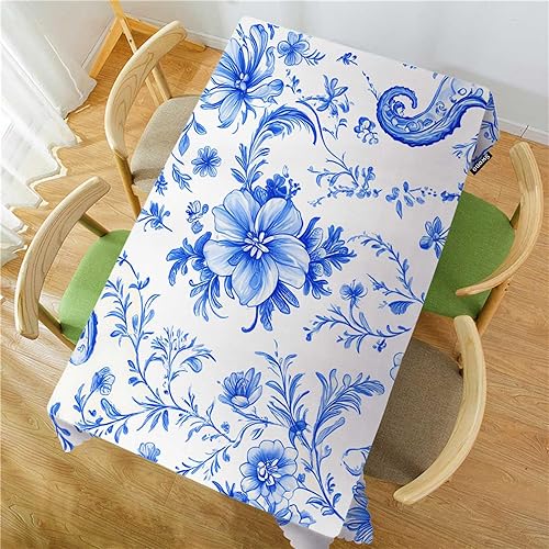 Miniatura 2 de Swono Mantel decorativo de cachemira azul floral étnico con mandala batik azul, para cocina, banquete de fiesta y día festivo, 52 x 70 pulgadas (4-6