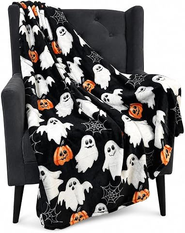 Halloween Fleece Throw Blanket - 50x70 inches, Jack-O-Lanterns, Ghosts & Webs