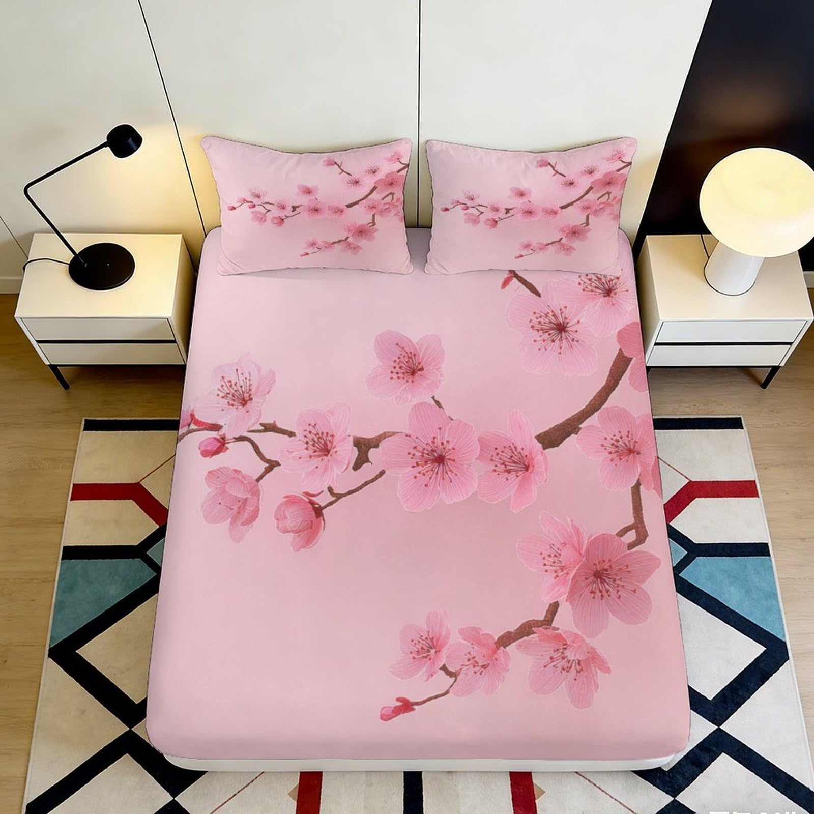 3D Printed cherry blossom Fitted Sheet for bedroom, soft touch Microfiber, wrinkle resistant, guest room bedding decor, easy care 90x200x25cm