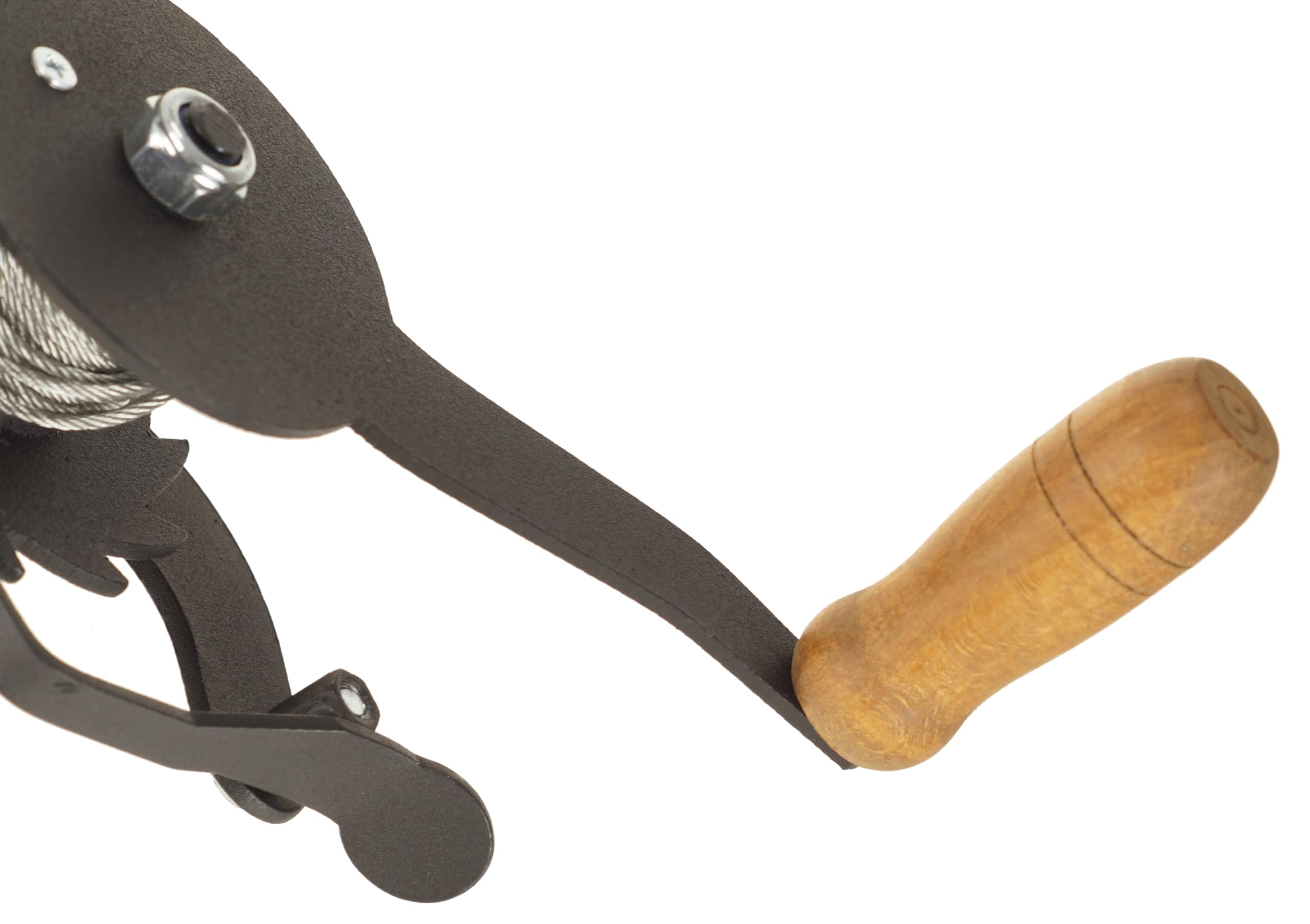 Seilwinde hand mit Kurbel und Karabiner - für Grill Barbecue - Handwinde fuer Schwenkgrill - Handseilwinde klein - Seilzug - Handkurbel - Handwinden - Grillrostwinde aus Stahl - Holzgriff
