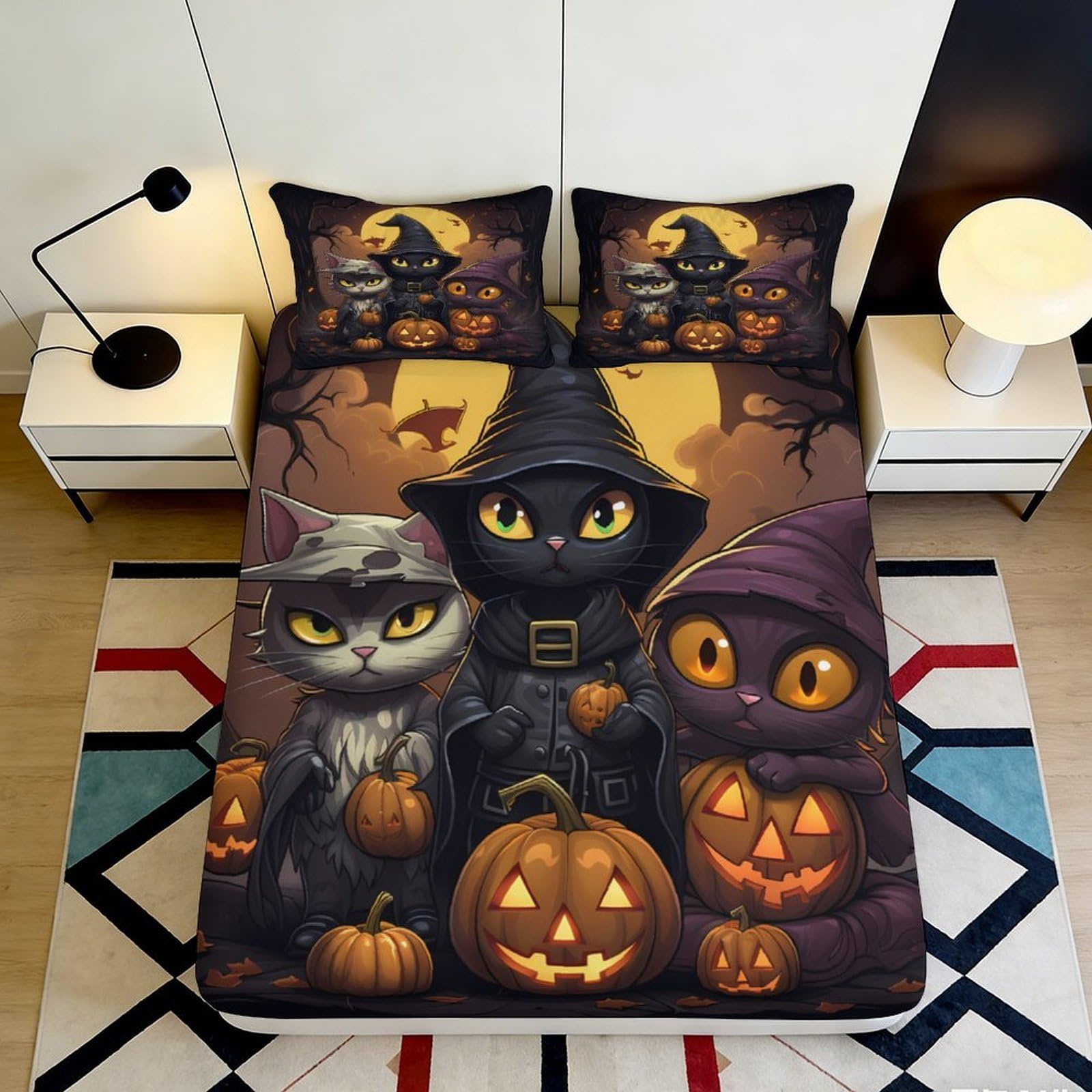 3D Printed Halloween Black Cat Fitted Sheet Microfiber Soft Pumpkin Witch Bed Cover for Bedroom Guest Room Decor 120x200x25cm